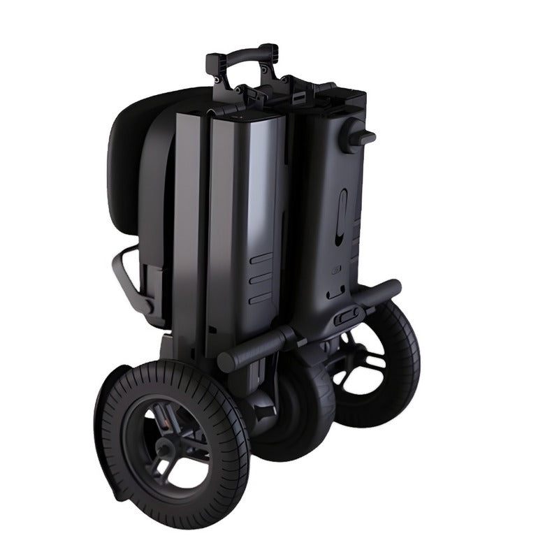 Front isometric view of the Relync R1 Mobility scooter in Black, folded for transport.