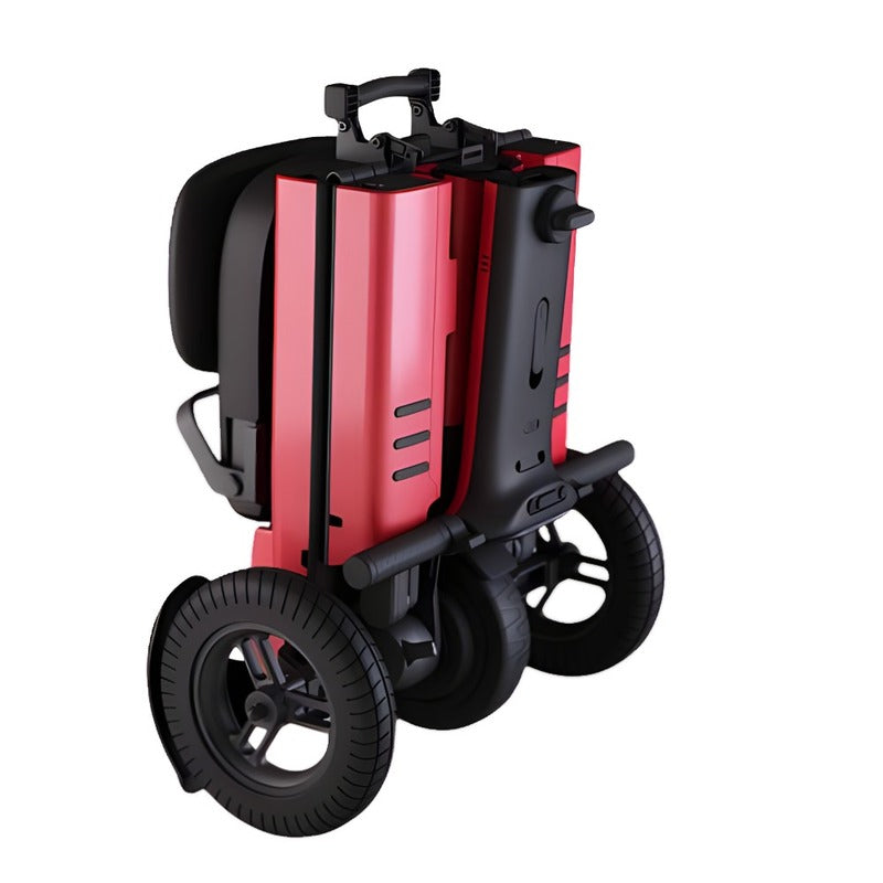 Front isometric view of the Relync R1 Mobility scooter in Red, folded for transport.