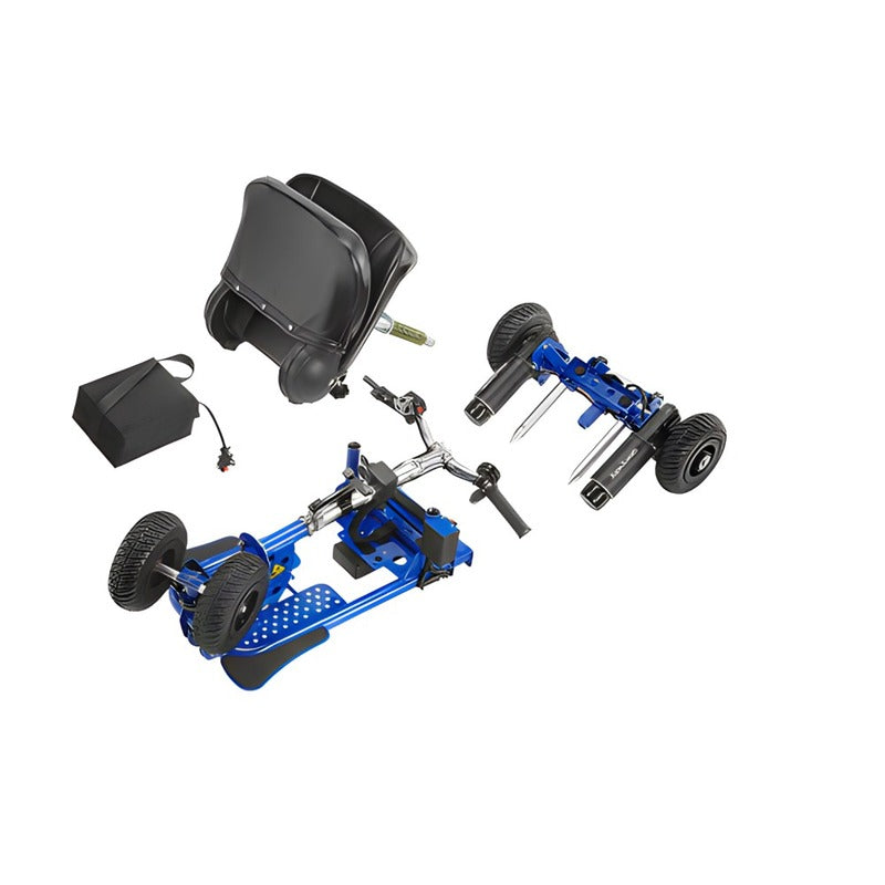 Top view of the SupaScoota Sumo Mobility Scooter in Dark Blue disassembled for transport