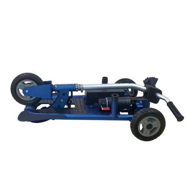 Right side view of the SupaScoota Microlite Mobility scooter in dark blue, collapsed down for transport