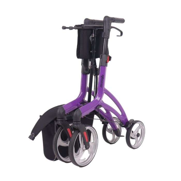 front view of the top gun airmax z08 rollator walker collapsed for transport or storage in purple