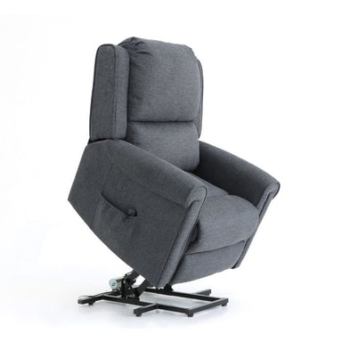 Isometric view of a Dark Grey Top Gun Augustus Electric lift chair in the lifted position.