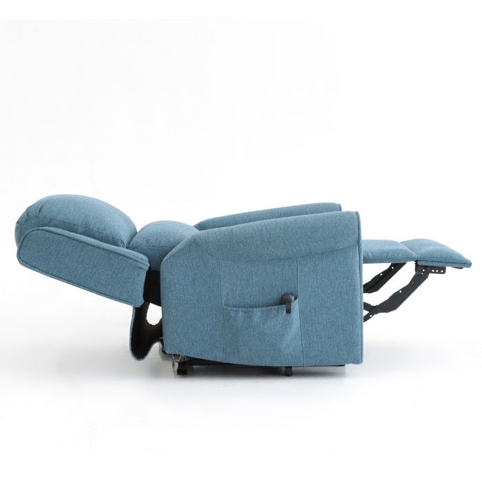 Side view of a denim coloured Top Gun Augustus Electric lift chair in the fully reclined position