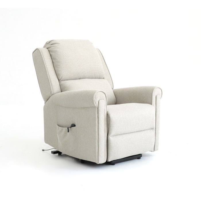 Isometric view of a beige Top Gun Augustus Electric lift chair in the standard position