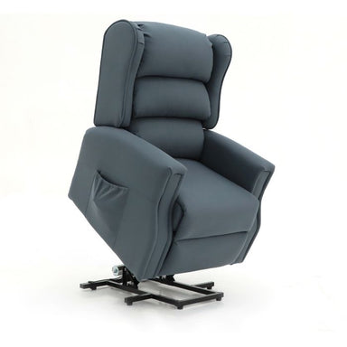 Isometric view of a Navy Blue Top Gun Caesar Electric lift chair in the lifted position