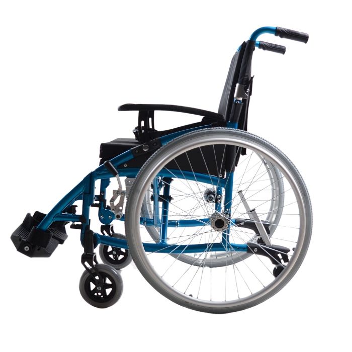 Side view of the Top Gun Enforcer Wheelchair in blue.