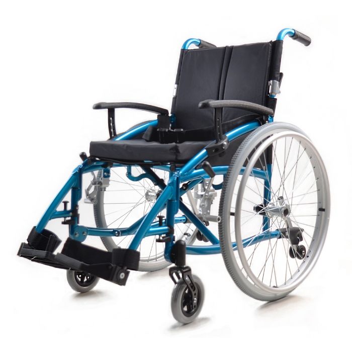 Front Isometric view of the Top Gun enforcer wheelchair in blue