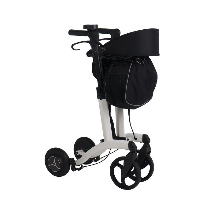 side view of top gun ezi-walk rollator electric walker collapsed for storage or tranpsort, in white