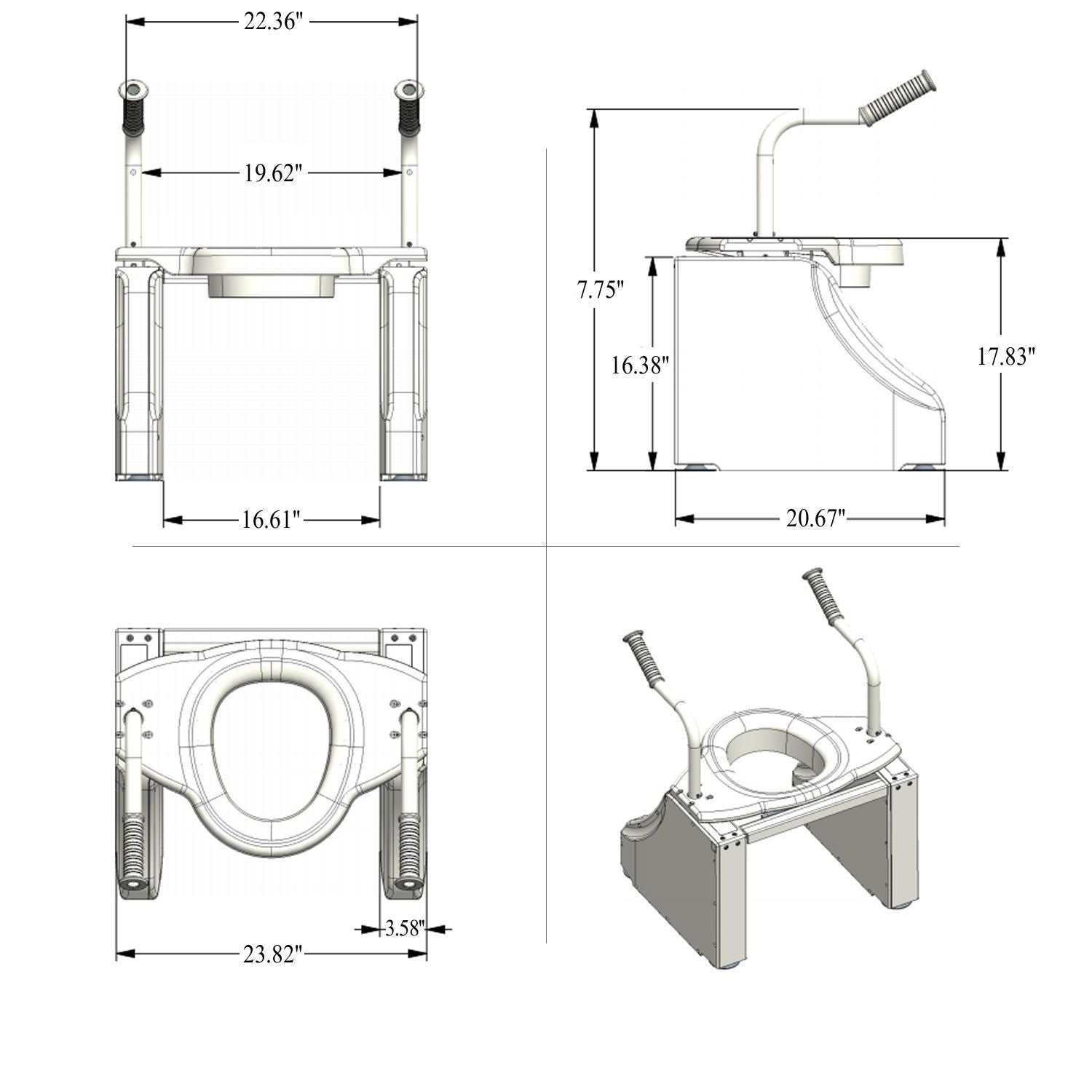 Schematic views of the Top Gun Kensington Toilet Lift Seat with dimensions.