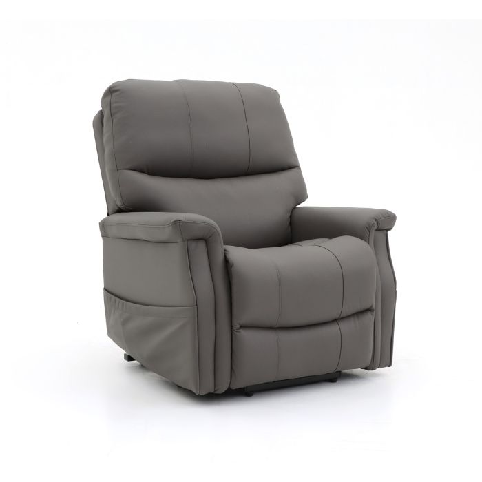 Isometric view of a Grey Standard size Top Gun Maximus Electric Lift Chair in the seated position.