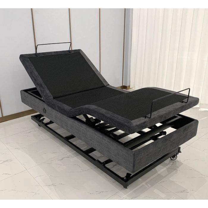 lifestyle shot in the side view of the Top Gun Royal Plus King Single Adjustable Bed with no matress in the elevated position.