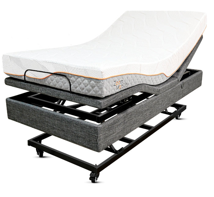 Side view of the Top Gun Royal Plus King Single Adjustable Bed with matress in the elevated position.