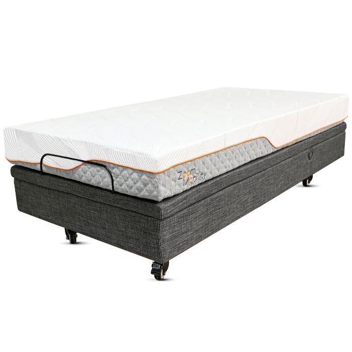 Side view of a Top Gun Royal Plus King Single Adjustable Bed with a matress in the flat position.