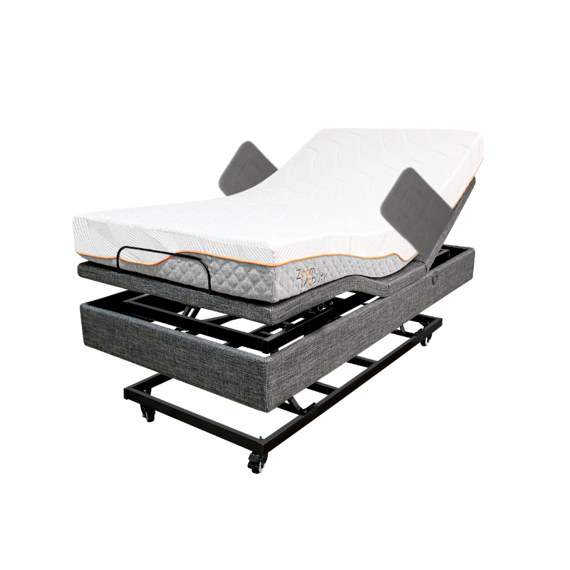 Side view of the Top Gun Royal Plus King Single Adjustable Bed with a matress and optional side rails added.