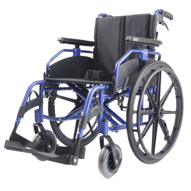 Front Isometric view of the Top Gun Stryker wheelchair in blue