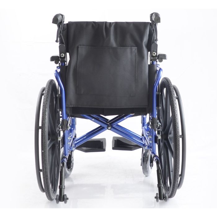 Rear view of the Top Gun Stryker wheelchair in blue.