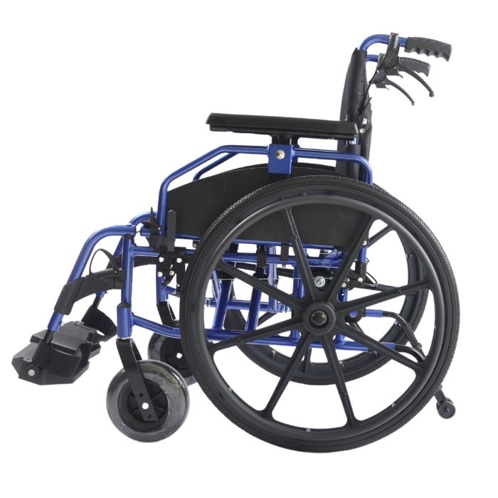 Side view of the Top Gun Stryker wheelchair in blue.