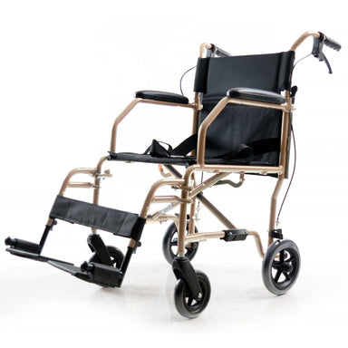 Front isometric view of the Top Gun TopFlyte folding wheelchair in gold