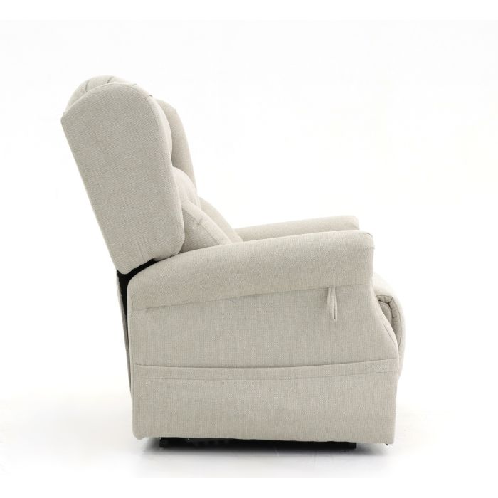 Side view of a Beige coloured Top Gun Valentina Electric Lift Chair in the seated position.