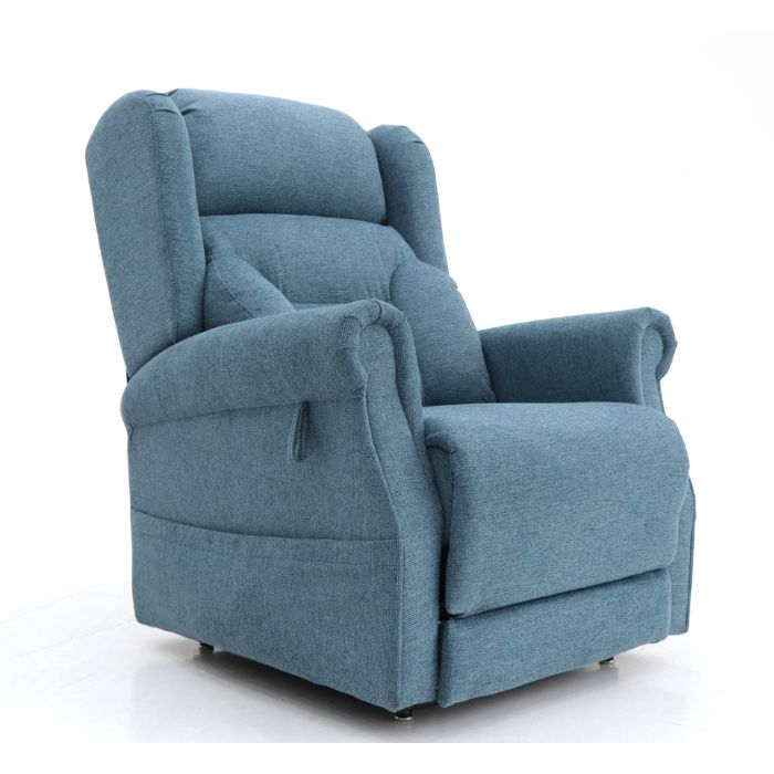 Isometric view of a Denim coloured Top Gun Valentina Electric Lift Chair in the seated position.