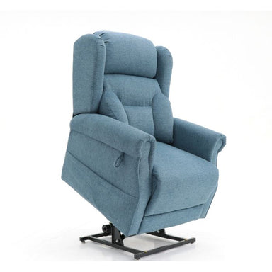 Isometric view of a Denim coloured Top Gun Valentina Electric Lift Chair in the lifted position.