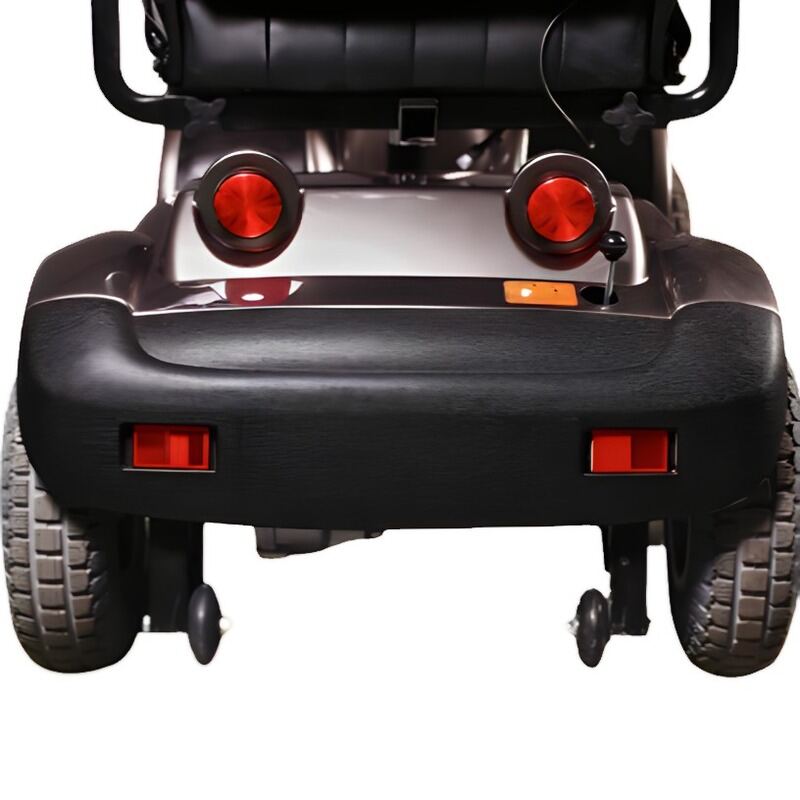 Close up of the rear bumper and anti-tip wheels of a Trek Bravo Mobility Scooter in Grey.