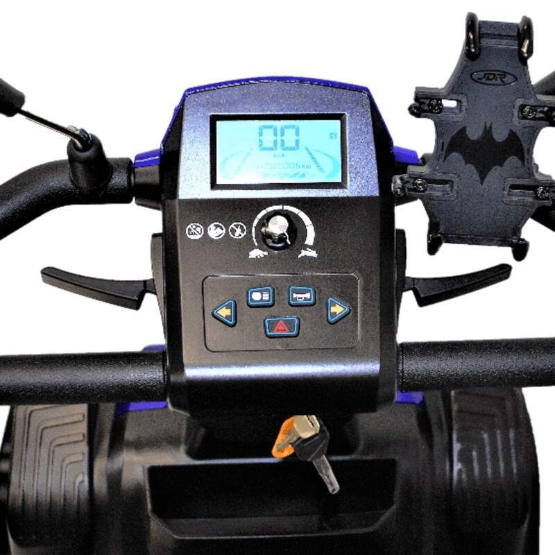 Close up view of the Trek Bravo Sport mobility scooters tiller controls