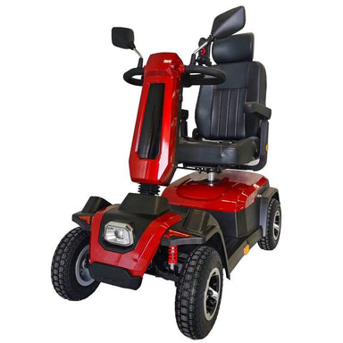 Front isometric view of the Trek Bravo Sport mobility scooter in red.