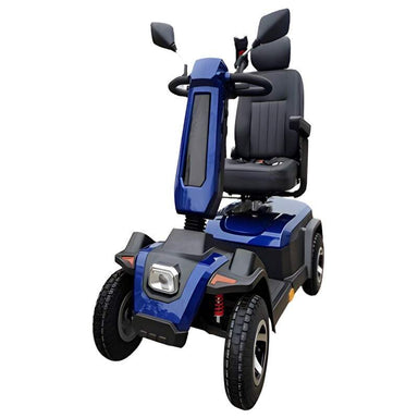 Front isometric view of the Trek Bravo Sport mobility scooter in blue.