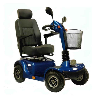 Front isometric view of the Trek Evolution 4 Mobility Scooter in Blue.