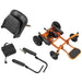 Top down view of the Trek SupaScoota Safari Powerchair in Orange, dismantled into 4 parts for easy transport